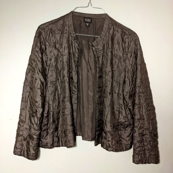 Eileen Fisher 100% Silk Taupe Silver Open Evening Jacket Medium 10/12 EUC - Picture 1 of 9